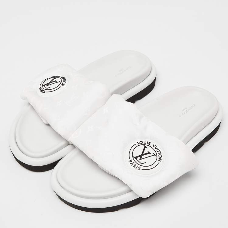 Pre Owned Louis Vuitton White Leather Velcro Flat Slides Size 40