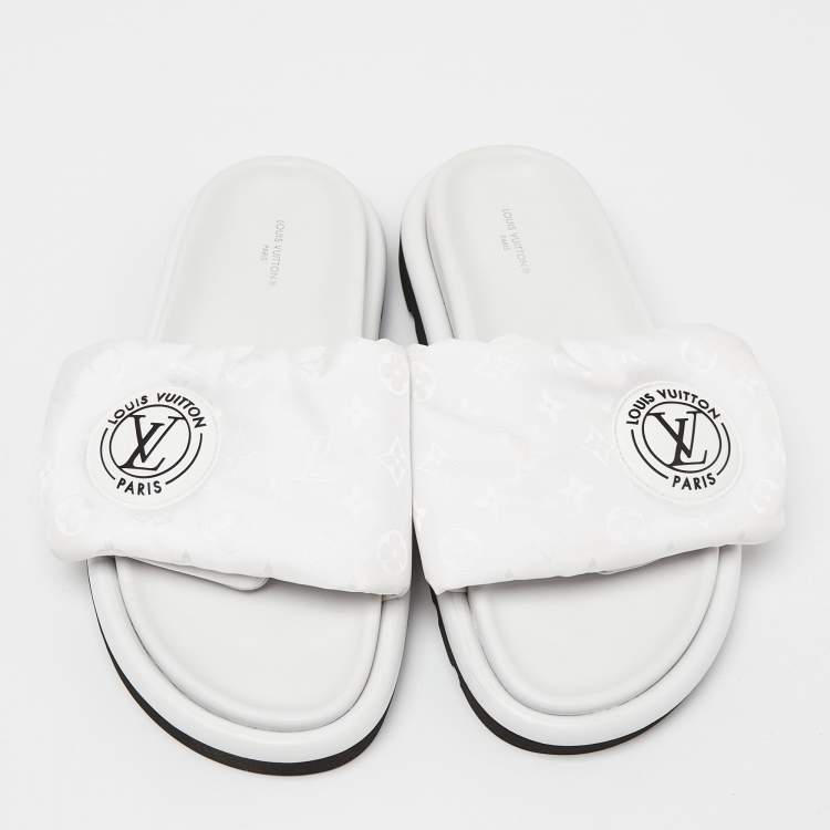 Pre Owned Louis Vuitton White Leather Velcro Flat Slides Size 40