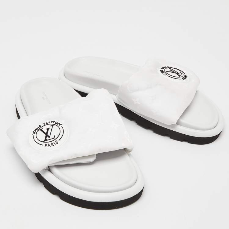 Pre Owned Louis Vuitton White Leather Velcro Flat Slides Size 40