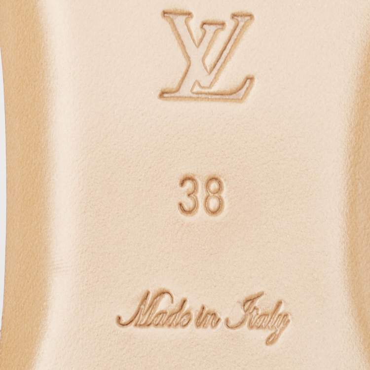 Pre Owned Louis Vuitton Silver Monogram Embossed Leather Revival Flat Slides Size 38