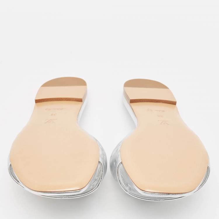 Pre Owned Louis Vuitton Silver Monogram Embossed Leather Revival Flat Slides Size 38
