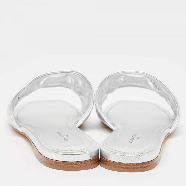 Pre Owned Louis Vuitton Silver Monogram Embossed Leather Revival Flat Slides Size 38