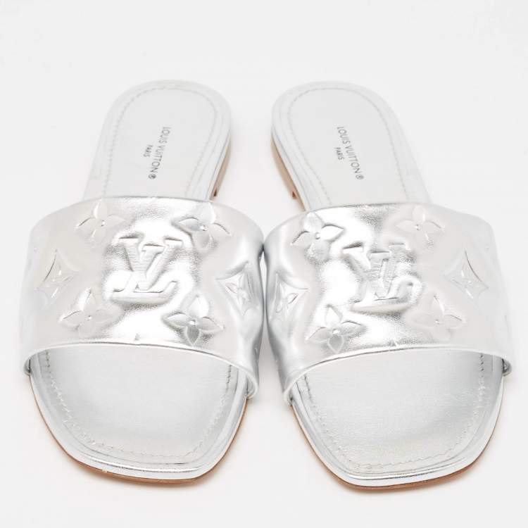 Pre Owned Louis Vuitton Silver Monogram Embossed Leather Revival Flat Slides Size 38