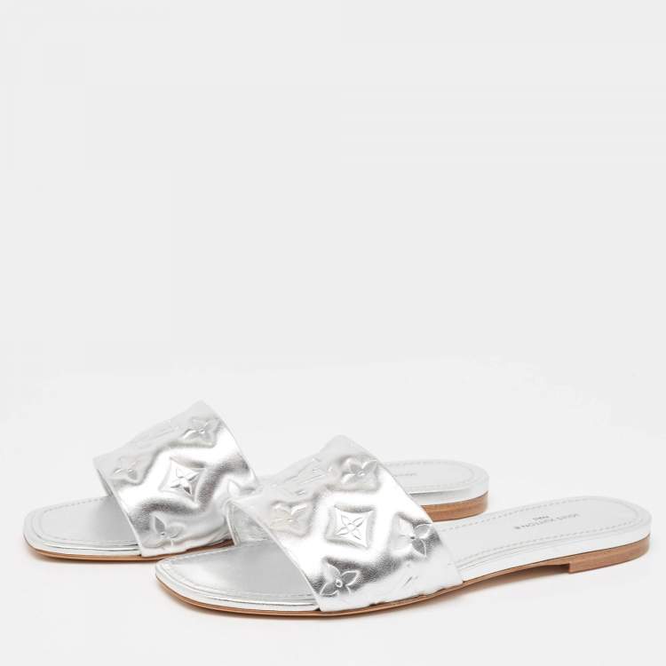 Pre Owned Louis Vuitton Silver Monogram Embossed Leather Revival Flat Slides Size 38