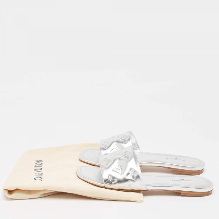 Pre Owned Louis Vuitton Silver Monogram Embossed Leather Revival Flat Slides Size 38