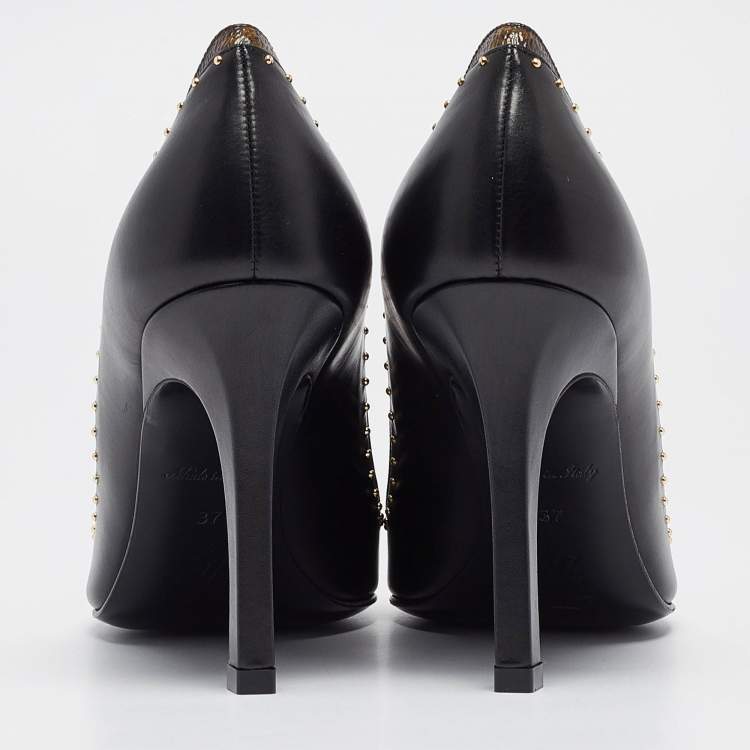 Pre Owned Louis Vuitton Black/Brown Monogram Coated Canvas and Leather Studded Pointed Toe Pumps Size 37