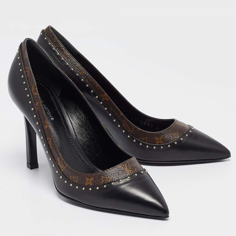 Pre Owned Louis Vuitton Black/Brown Monogram Coated Canvas and Leather Studded Pointed Toe Pumps Size 37