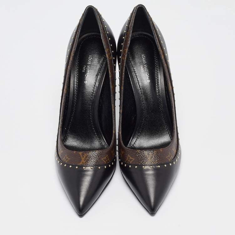 Pre Owned Louis Vuitton Black/Brown Monogram Coated Canvas and Leather Studded Pointed Toe Pumps Size 37