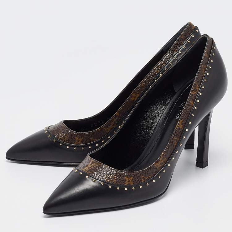 Pre Owned Louis Vuitton Black/Brown Monogram Coated Canvas and Leather Studded Pointed Toe Pumps Size 37