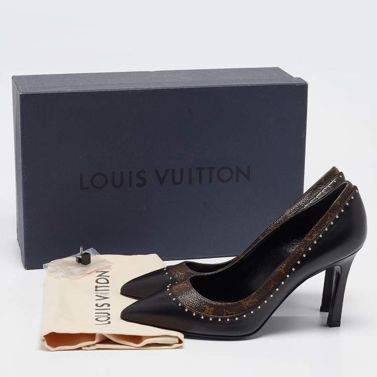 Pre Owned Louis Vuitton Black/Brown Monogram Coated Canvas and Leather Studded Pointed Toe Pumps Size 37