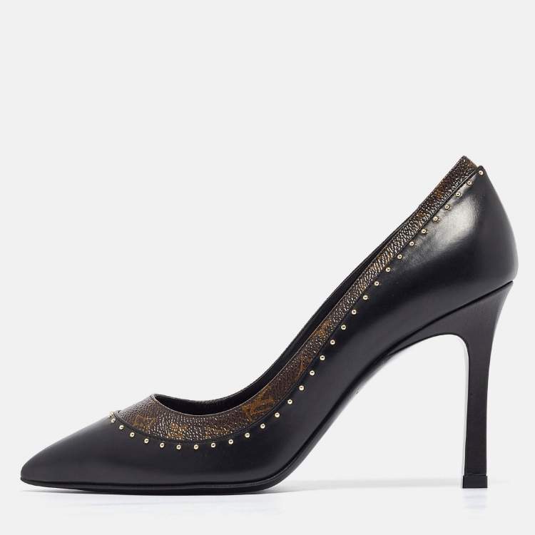 Pre Owned Louis Vuitton Black/Brown Monogram Coated Canvas and Leather Studded Pointed Toe Pumps Size 37