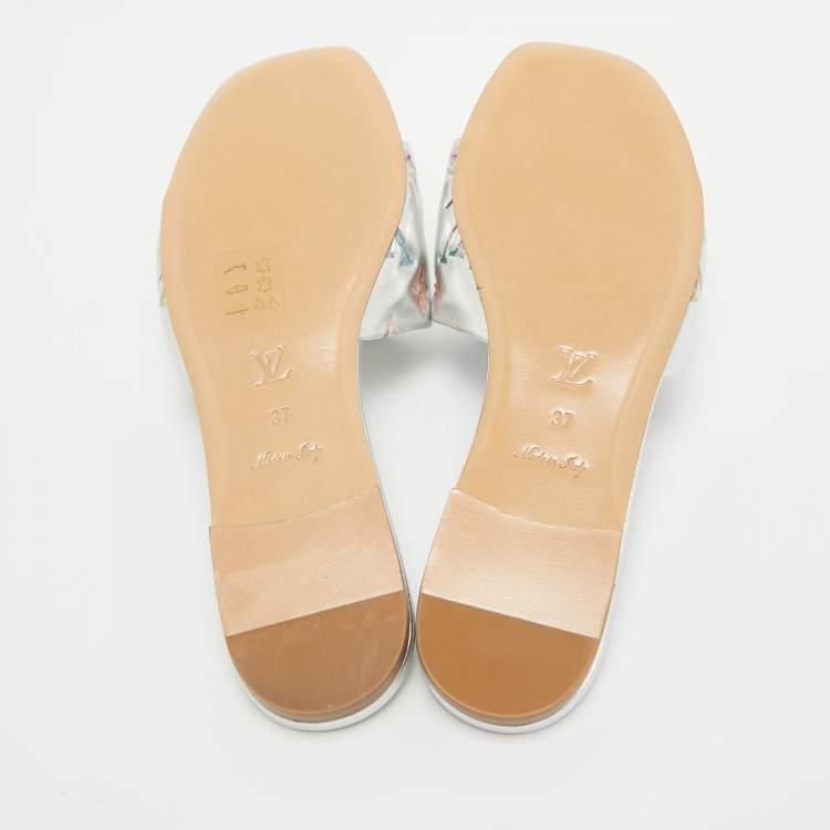 Pre Owned Louis Vuitton Silver Monogram Embossed Leather Revival Flat Slides Size 37