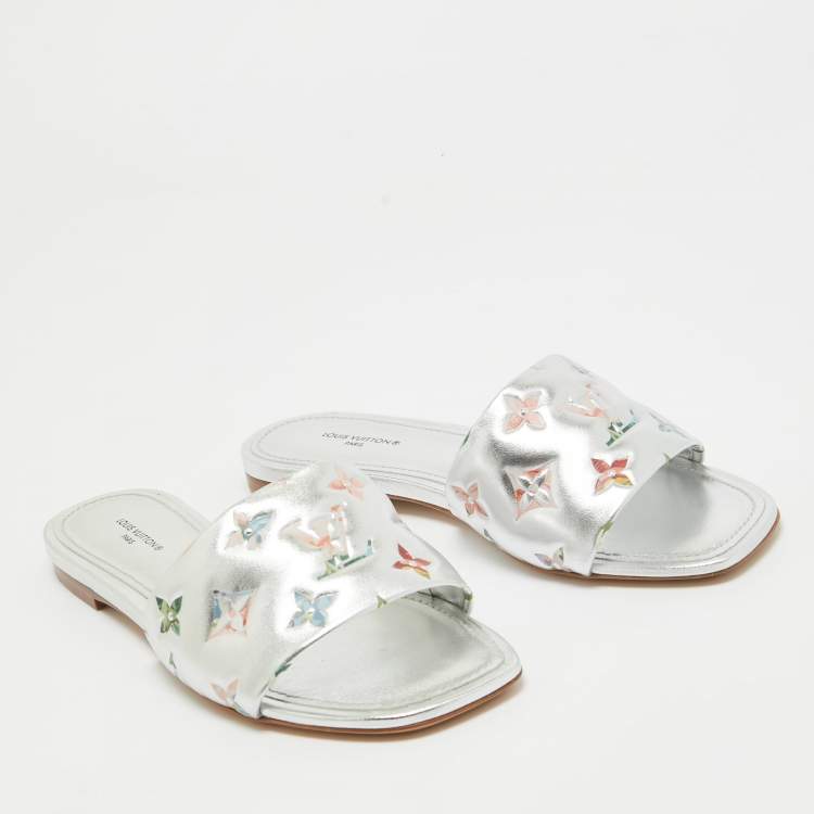 Pre Owned Louis Vuitton Silver Monogram Embossed Leather Revival Flat Slides Size 37