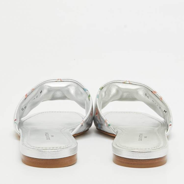 Pre Owned Louis Vuitton Silver Monogram Embossed Leather Revival Flat Slides Size 37