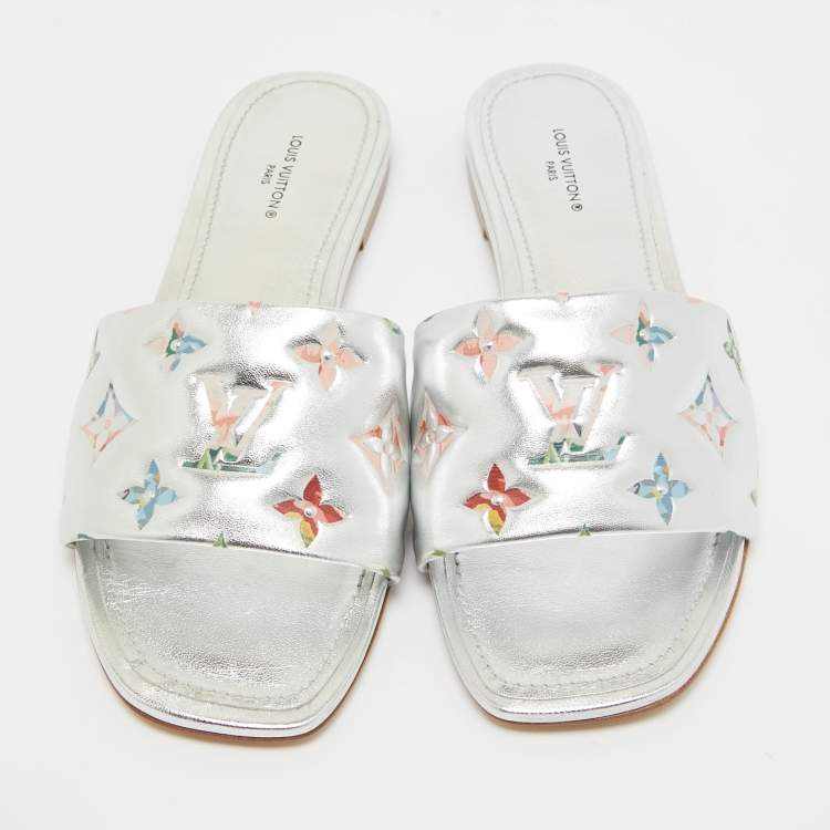 Pre Owned Louis Vuitton Silver Monogram Embossed Leather Revival Flat Slides Size 37