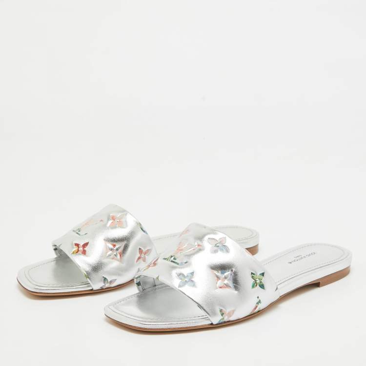 Pre Owned Louis Vuitton Silver Monogram Embossed Leather Revival Flat Slides Size 37