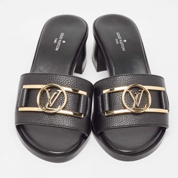 Pre Owned Louis Vuitton Black Leather Lock It Slide Sandals Size 35.5
