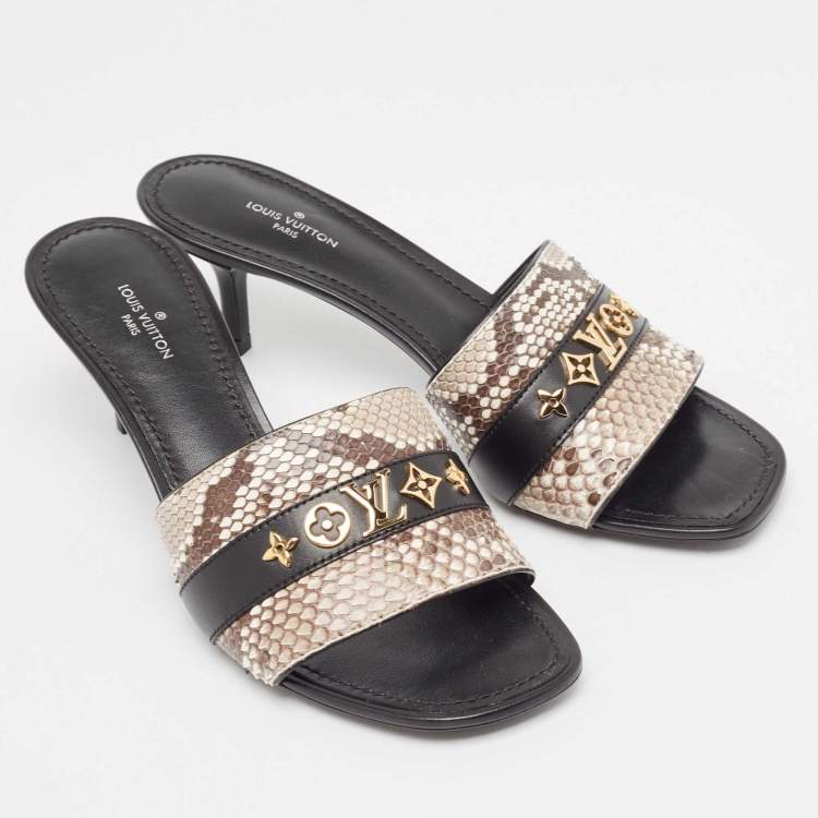 Pre Owned Louis Vuitton Black/Brown Leather and Python Slide Sandals Size 37