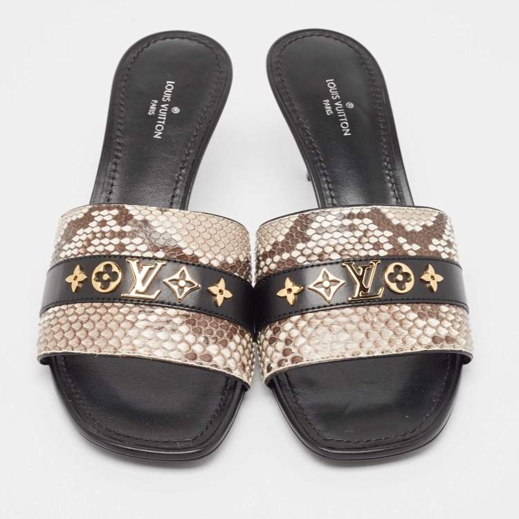 Pre Owned Louis Vuitton Black/Brown Leather and Python Slide Sandals Size 37