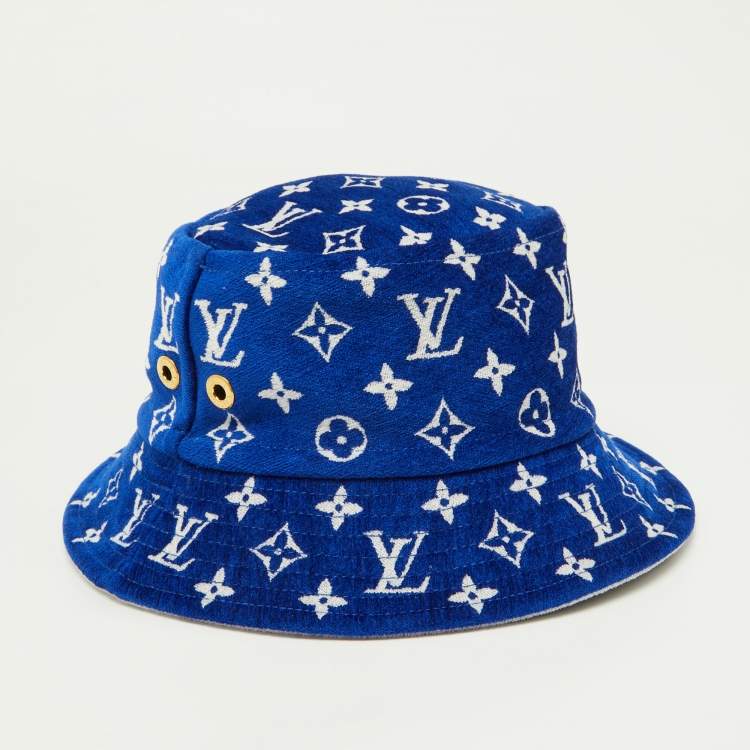 Pre Owned Louis Vuitton Bleu Monogram Velvet LV Match Bucket Hat M
