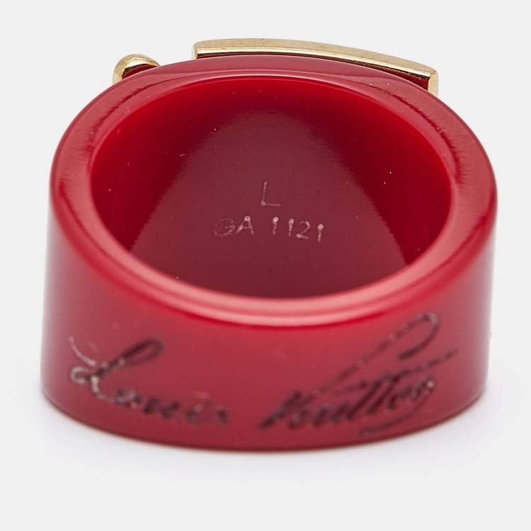 Pre Owned Louis Vuitton Fuchsia Resin Lock Me Gold Tone Ring Size 56