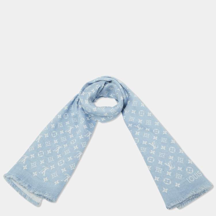 Pre Owned Louis Vuitton Blue Monogram Cotton & Wool My Daily Denim Shawl