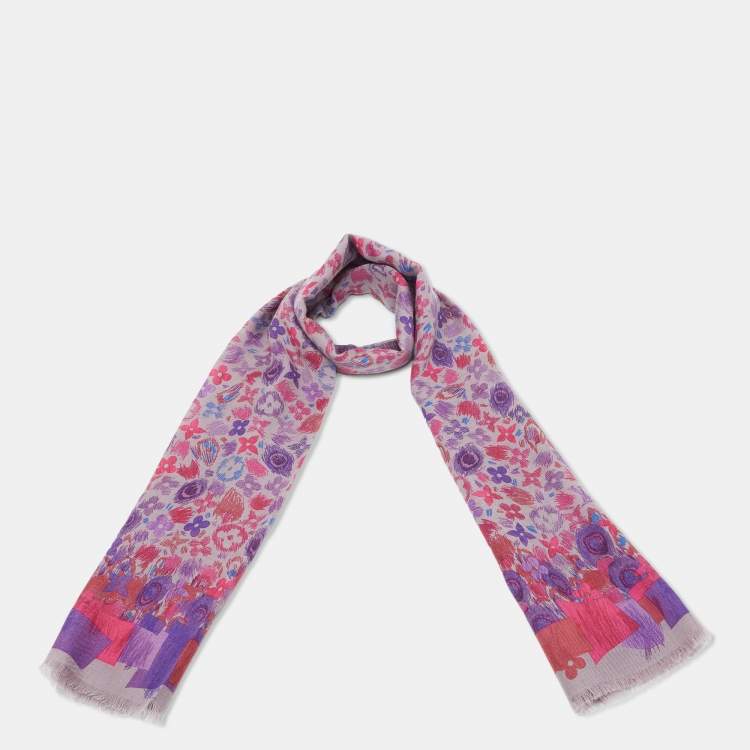 Pre Owned Louis Vuitton Pale Purple Monogram Scribble Print Cashmere & Silk Scarf