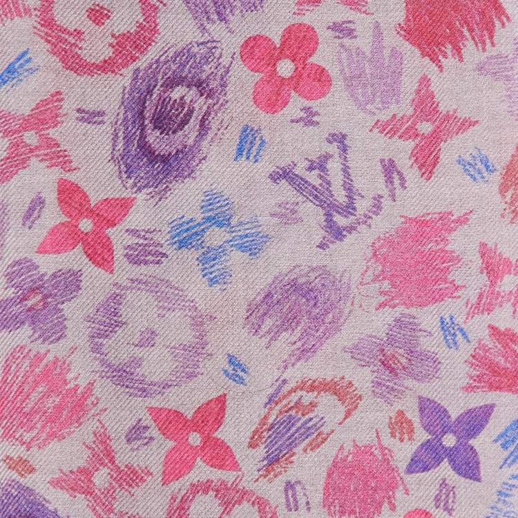 Pre Owned Louis Vuitton Pale Purple Monogram Scribble Print Cashmere & Silk Scarf