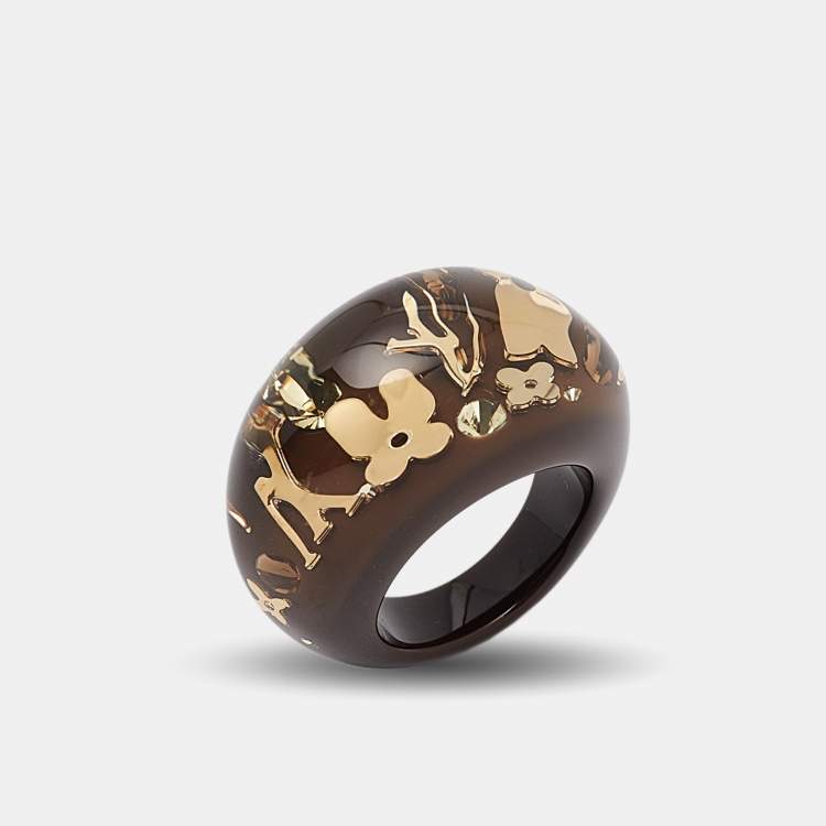 Pre Owned Louis Vuitton  Brown Resin Crystals Gold Tone Ring Size 53