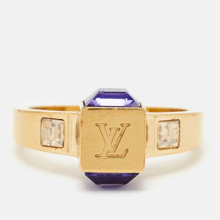 Pre Owned Louis Vuitton Gamble Crystal Gold Tone Ring Size 56