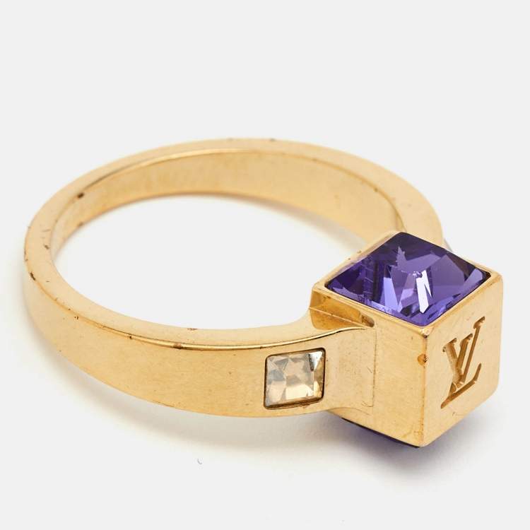 Pre Owned Louis Vuitton Gamble Crystal Gold Tone Ring Size 56