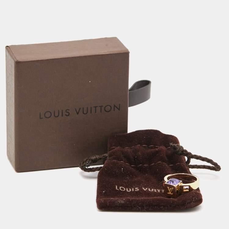 Pre Owned Louis Vuitton Gamble Crystal Gold Tone Ring Size 50