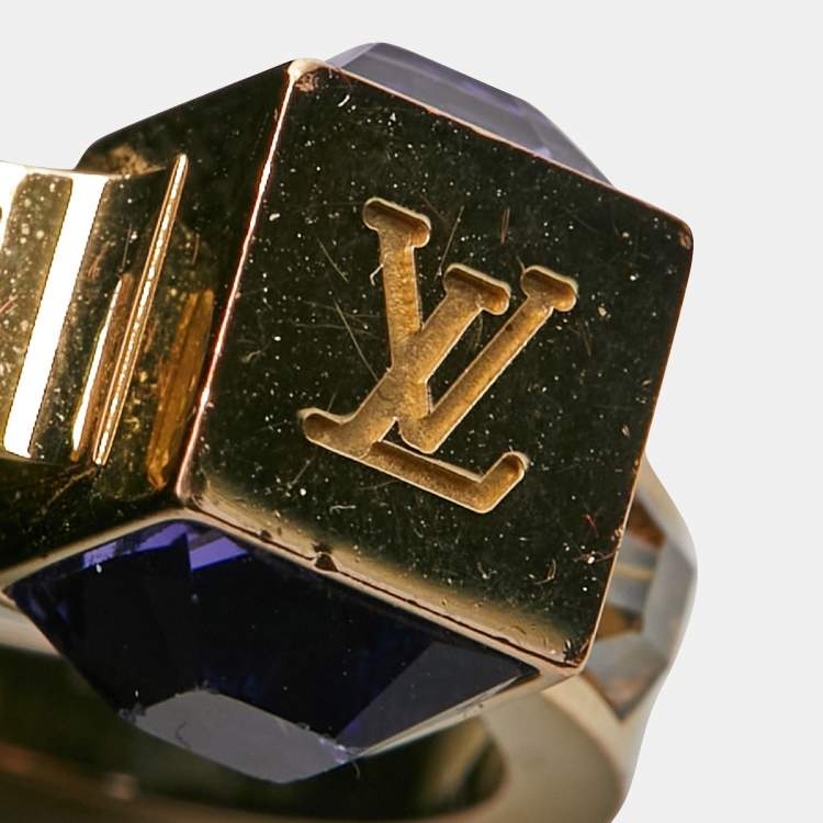Pre Owned Louis Vuitton Gamble Crystal Gold Tone Ring Size 50