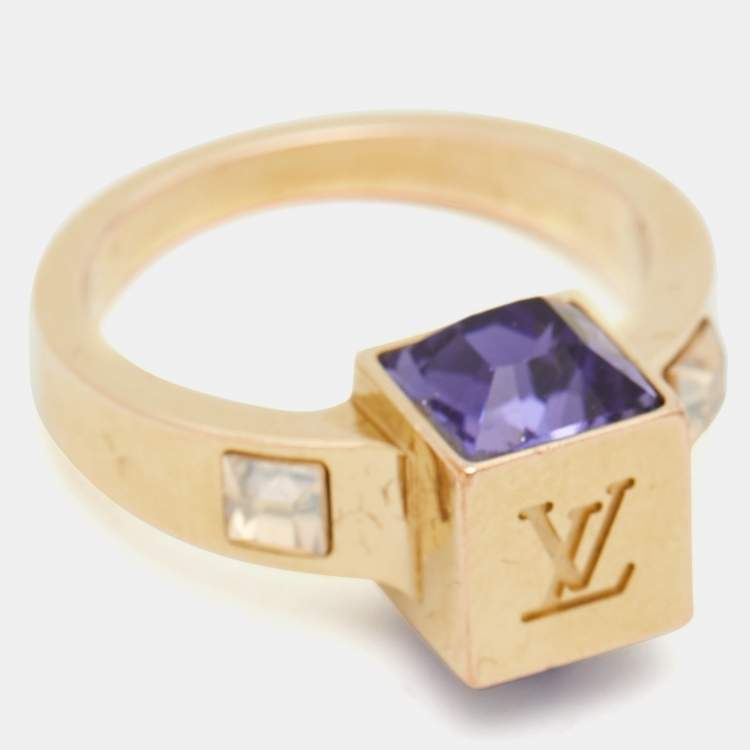 Pre Owned Louis Vuitton Gamble Crystal Gold Tone Ring Size 50