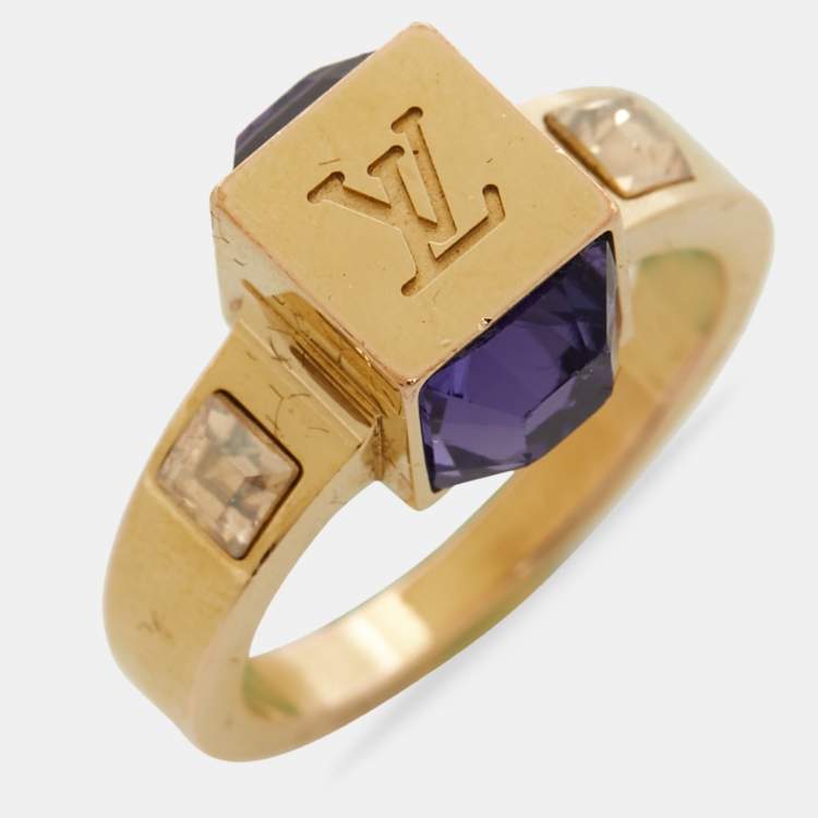 Pre Owned Louis Vuitton Gamble Crystal Gold Tone Ring Size 50