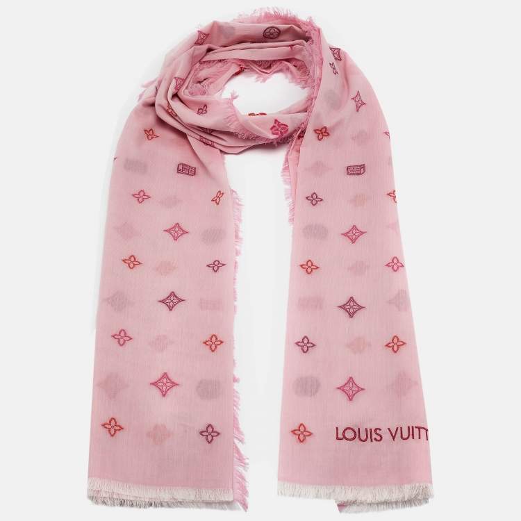 Pre Owned Louis Vuitton Pink LV Monogram Embroidered Cotton Stole