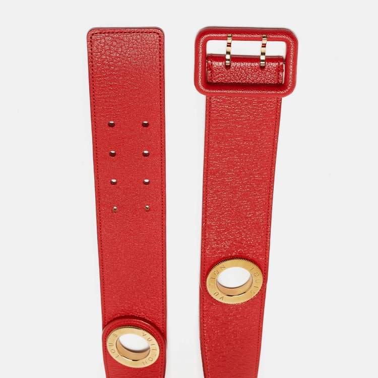 Pre Owned Louis Vuitton Red Leather Wide Buckle Belt 75CM