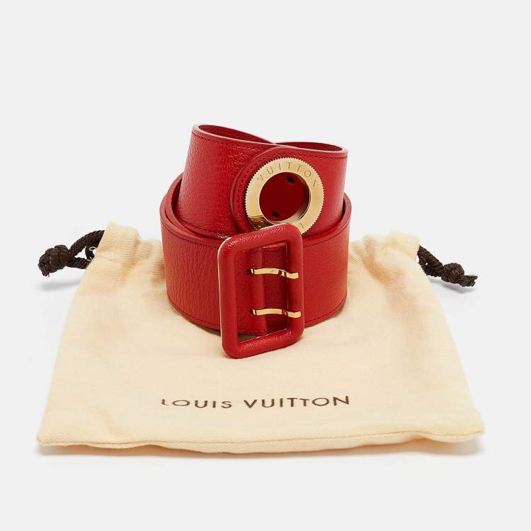 Pre Owned Louis Vuitton Red Leather Wide Buckle Belt 75CM