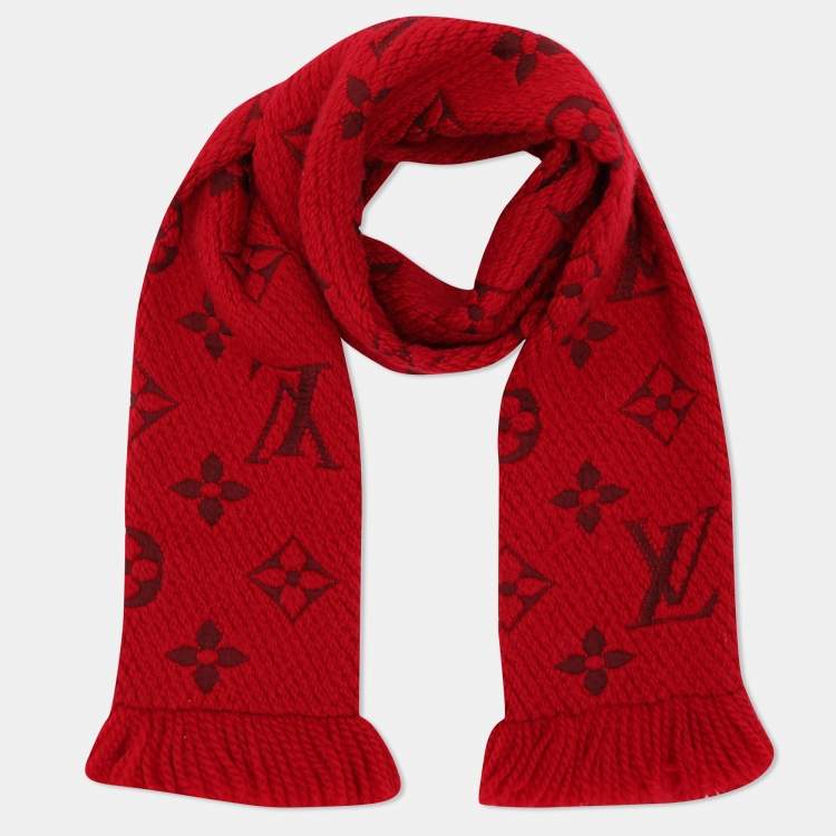Pre Owned Louis Vuitton Red Wool Silk Logomania Scarf