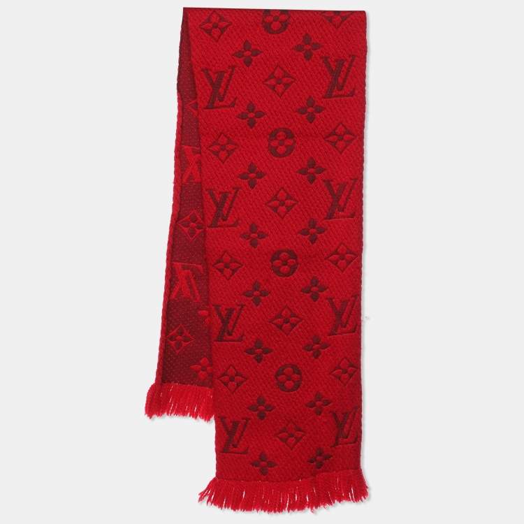 Pre Owned Louis Vuitton Red Wool Silk Logomania Scarf