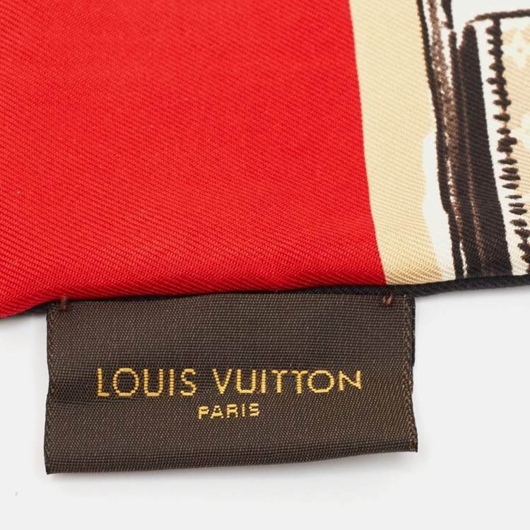 Pre Owned Louis Vuitton Red Monogram Trunks Print Silk Bandeau Scarf