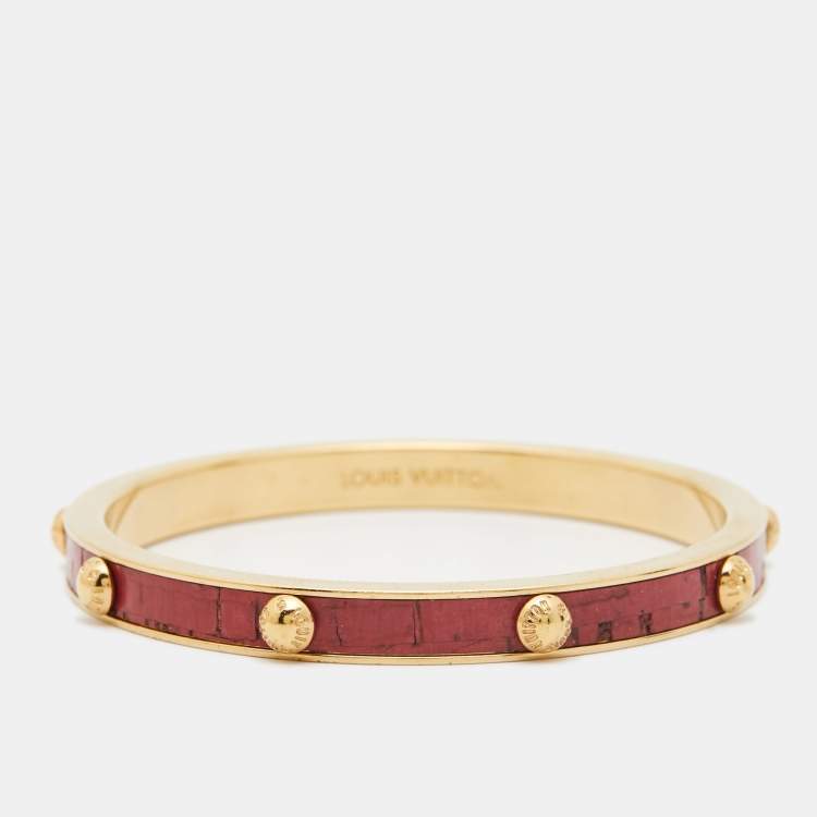 Pre Owned Louis Vuitton Gimme A Clue Red Leather Inlay Gold Tone Bangle Bracelet S