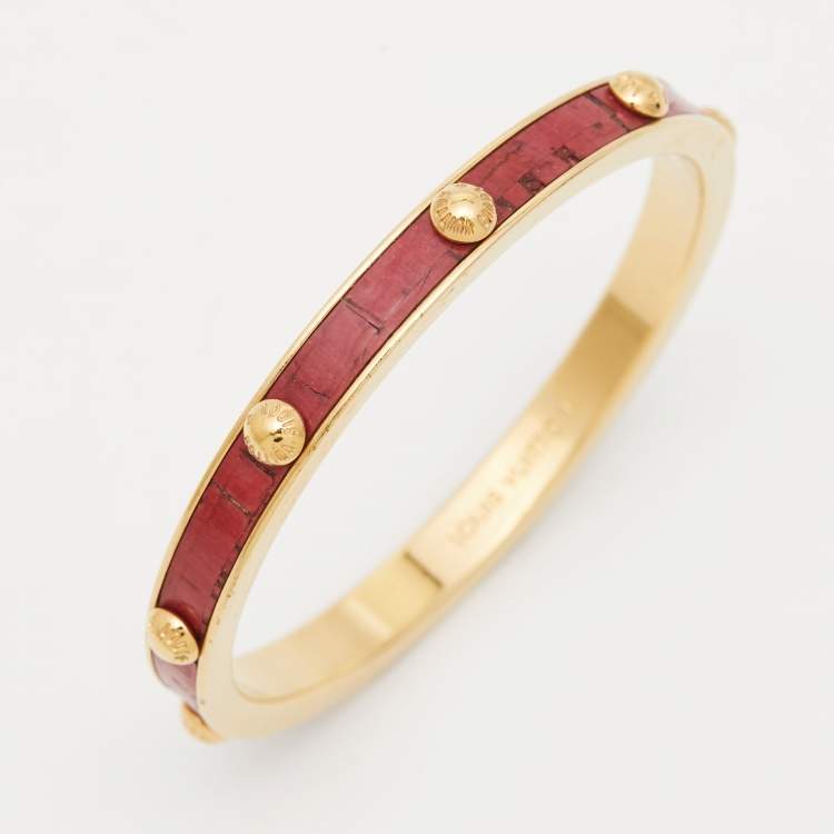 Pre Owned Louis Vuitton Gimme A Clue Red Leather Inlay Gold Tone Bangle Bracelet S