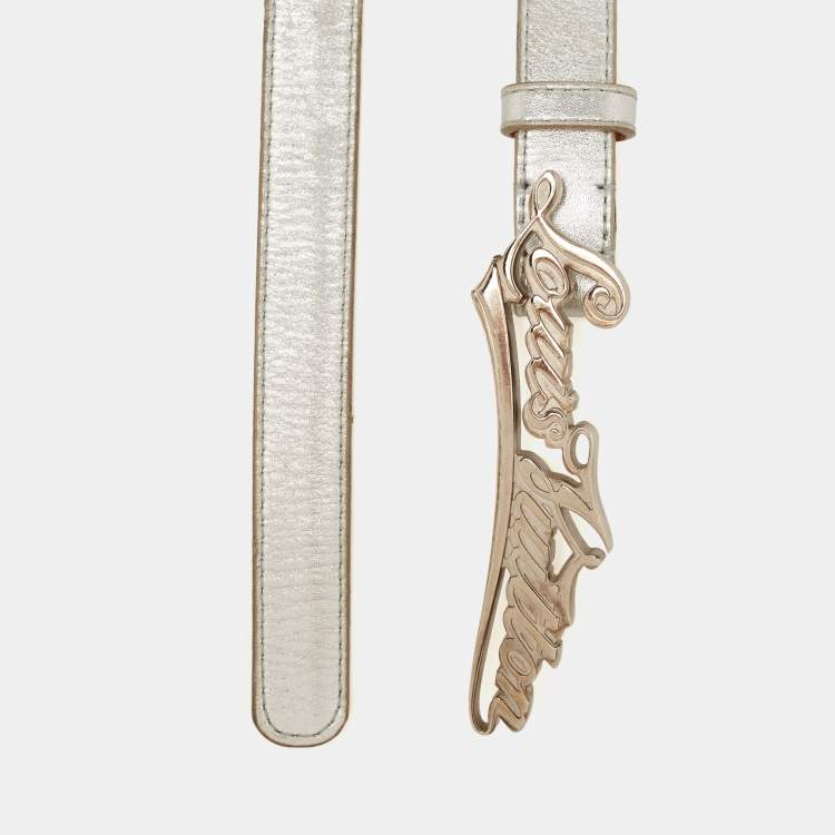 Pre Owned Vuitton Metallic Silver Leather Logo Narrow Belt 80CM