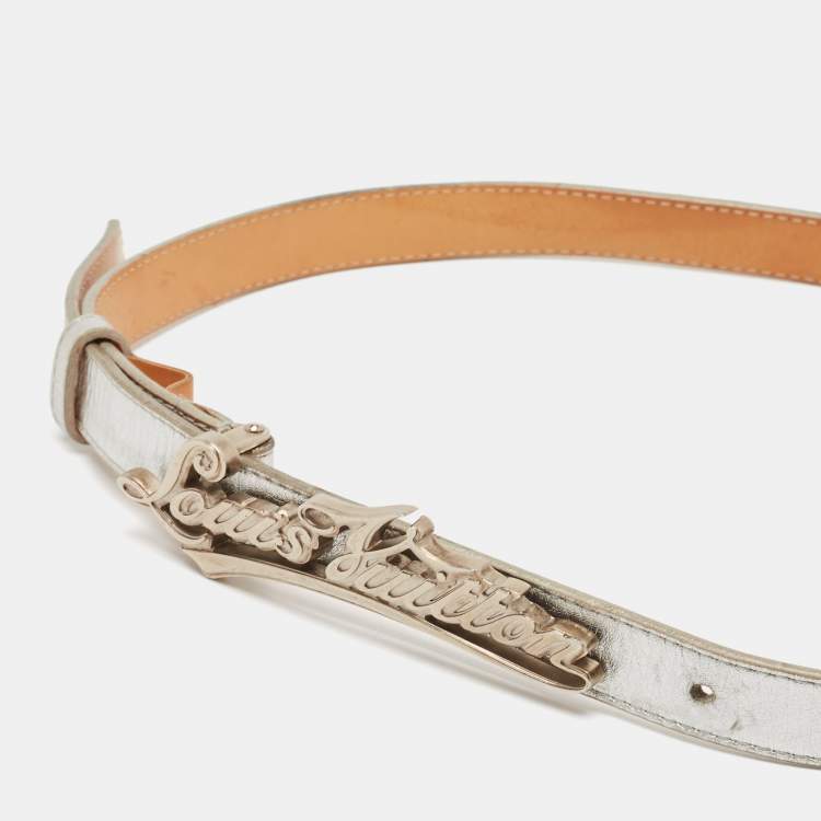 Pre Owned Vuitton Metallic Silver Leather Logo Narrow Belt 80CM