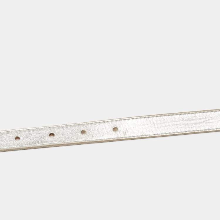 Pre Owned Vuitton Metallic Silver Leather Logo Narrow Belt 80CM