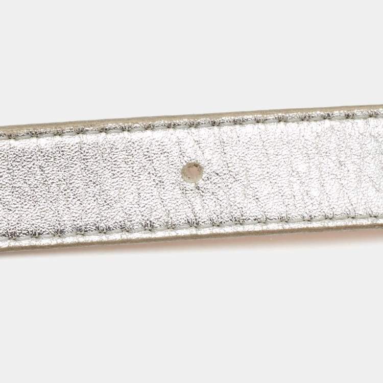 Pre Owned Vuitton Metallic Silver Leather Logo Narrow Belt 80CM