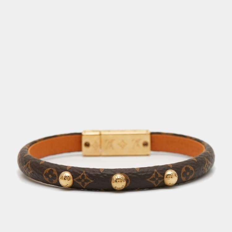 Pre Owned Louis Vuitton Keep It Canvas Leather Brown Monogram Gold Tone Bracelet