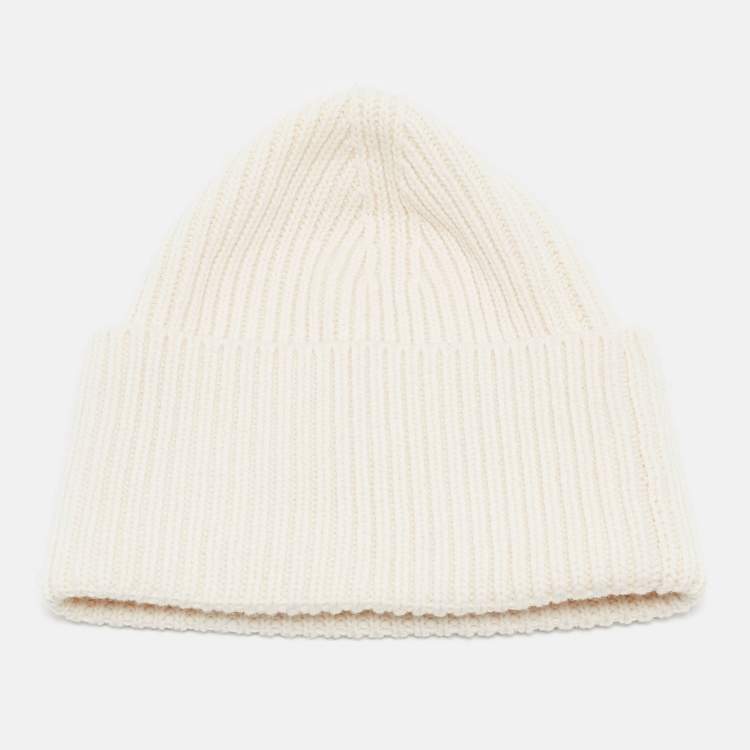 Pre Owned Louis Vuitton Off White Leather LV Applique Rib Knit Beanie