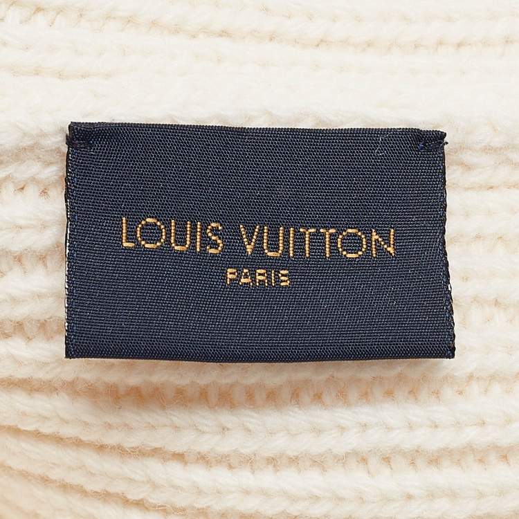 Pre Owned Louis Vuitton Off White Leather LV Applique Rib Knit Beanie